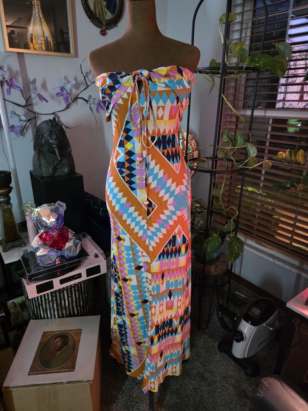 Zara Strapless Geometric Maxi Dress - Orange, Blue, Pink